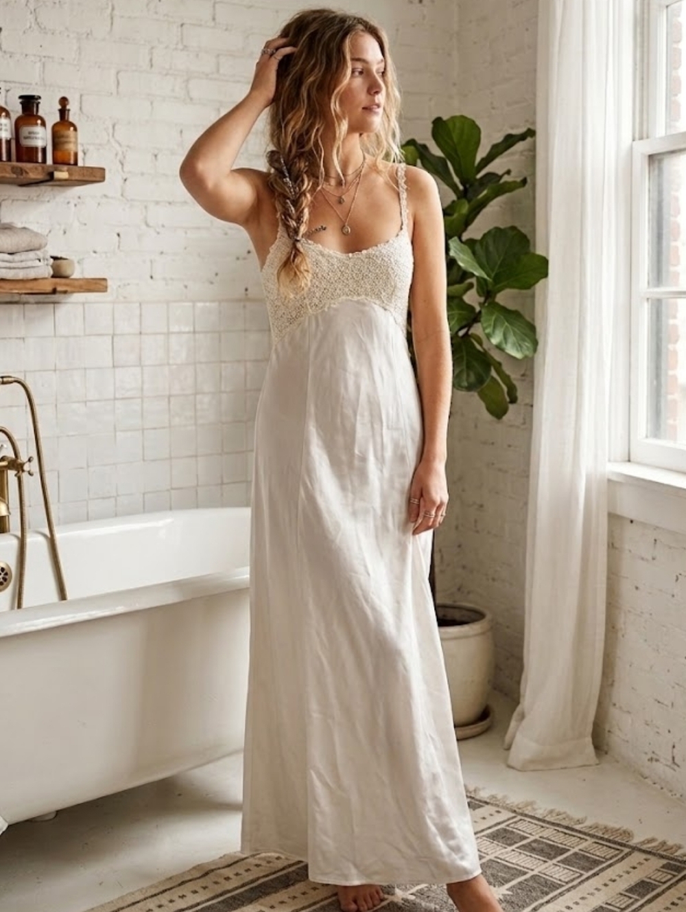 Vintage La Senza White Satin Embroidered Slip Dress Size M
